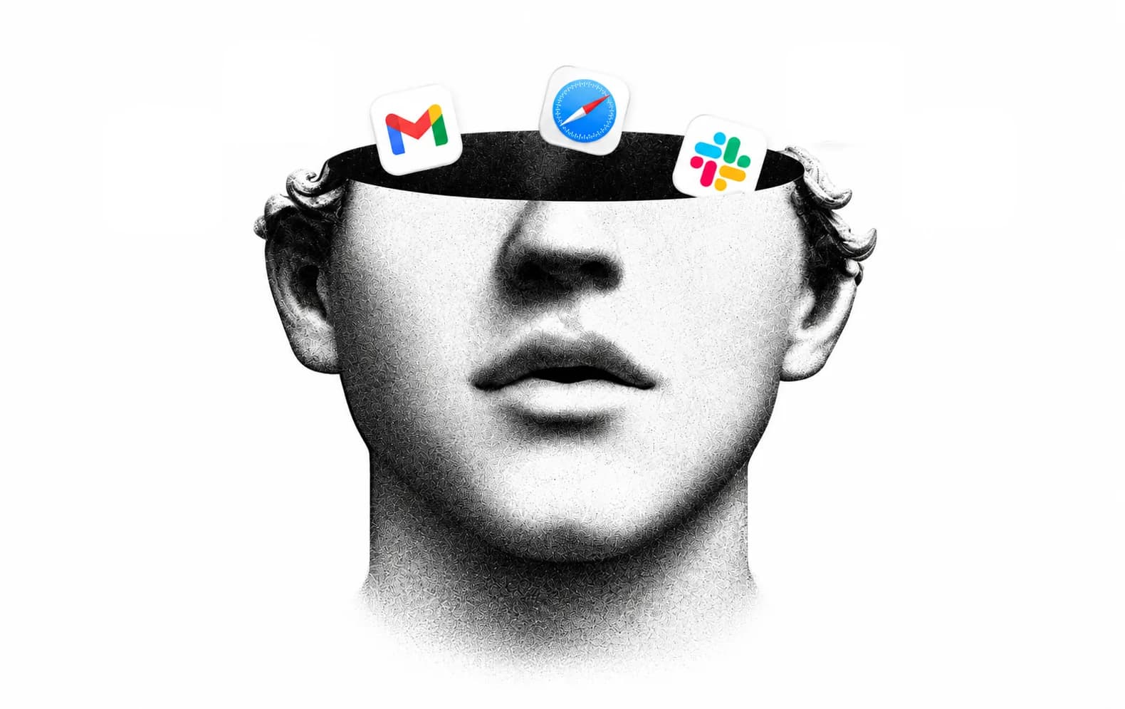 A marble bust with its skull opened, ideas and platforms floating out